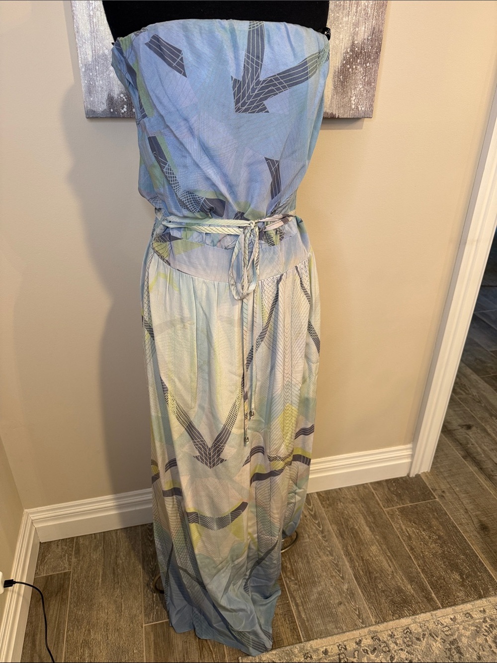 Light Blue Strapless Maxi Dress with Abstract Print & Pockets